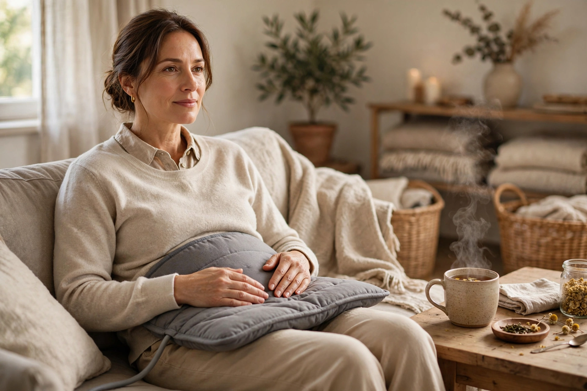 Woman in her 40s resting on a sofa with a heating pad on her lower abdomen to ease painful periods after 40