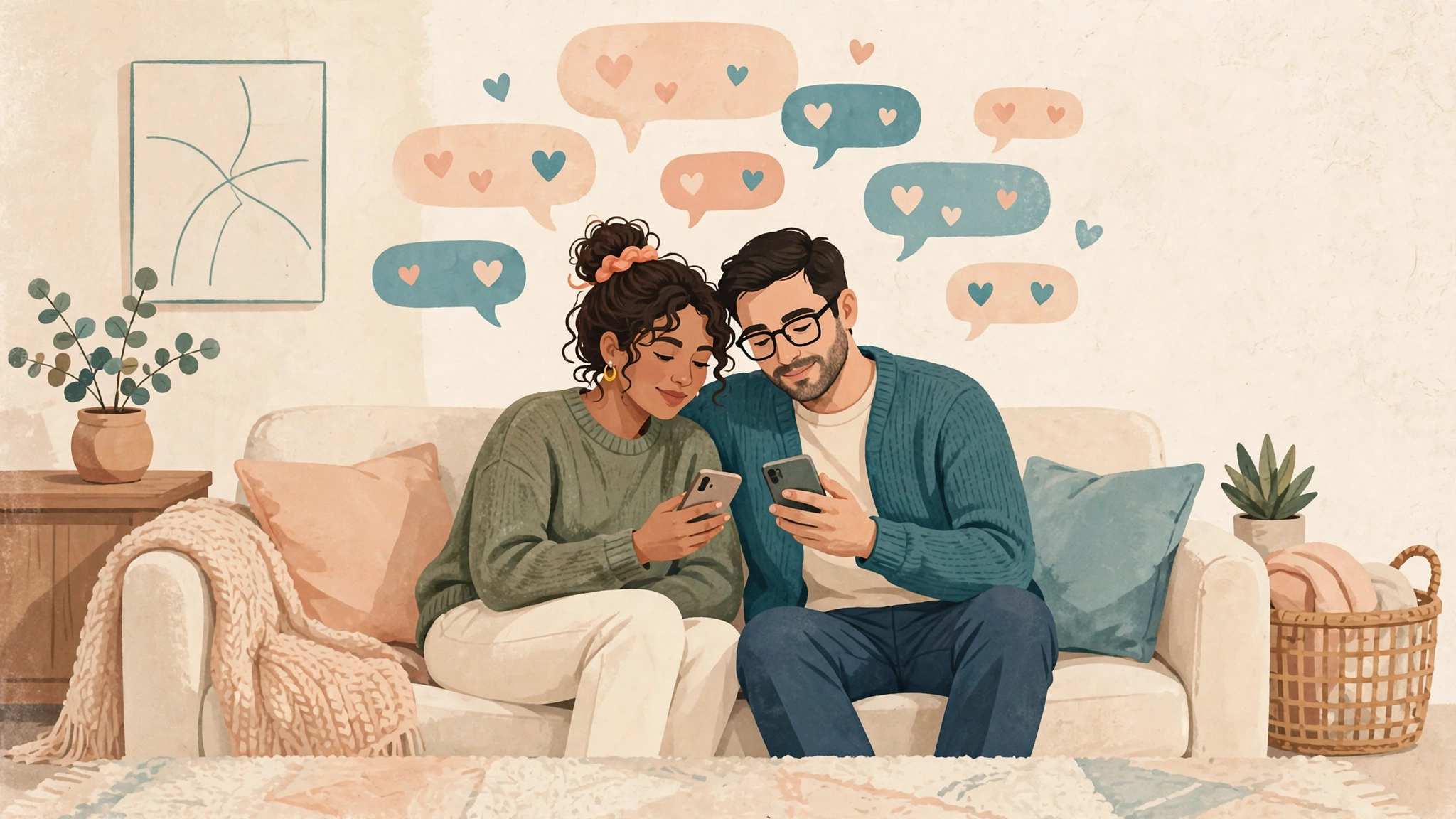 Warm editorial illustration of a couple texting each other with heart-filled chat bubbles, showing texting communication in relationships