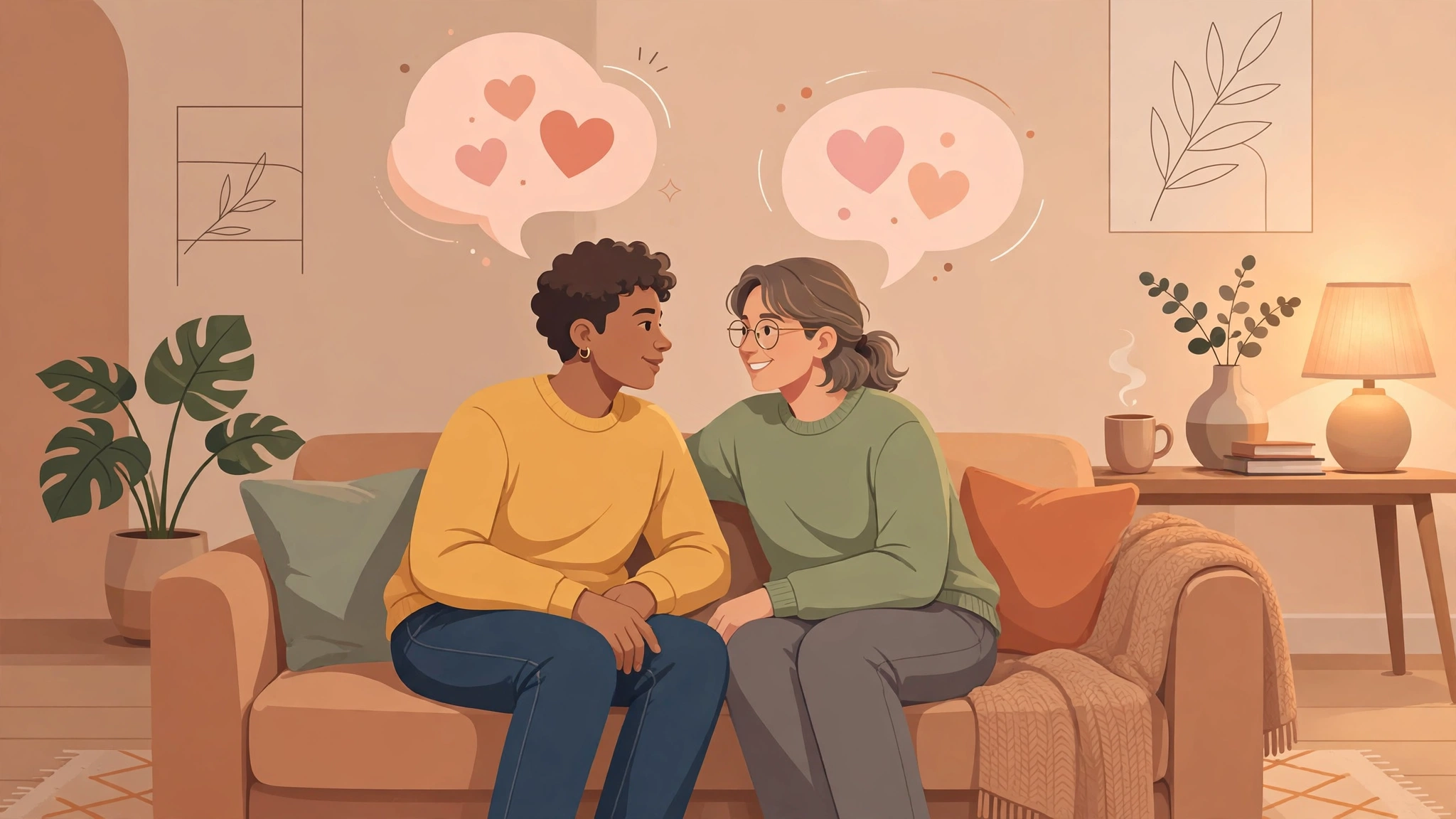Couple talking warmly on a couch, showing communication that helps close the female orgasm gap