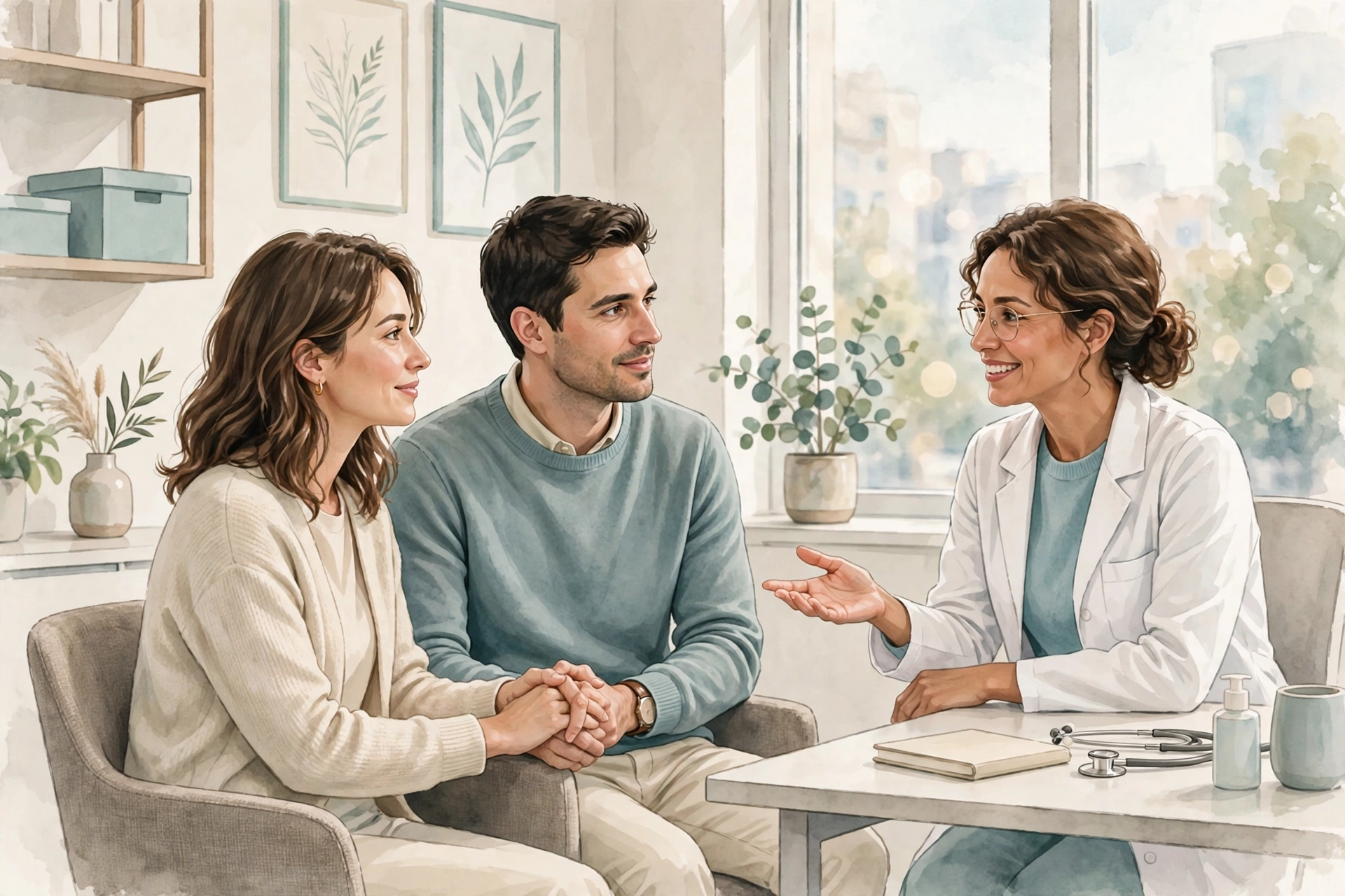 Couple consulting a female doctor about fibroids and fertility in a bright clinic office