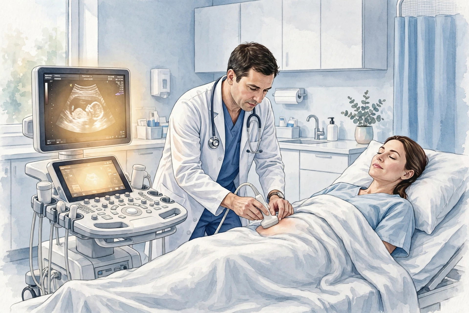 Doctor performing a pelvic ultrasound during a fibroids and fertility evaluation