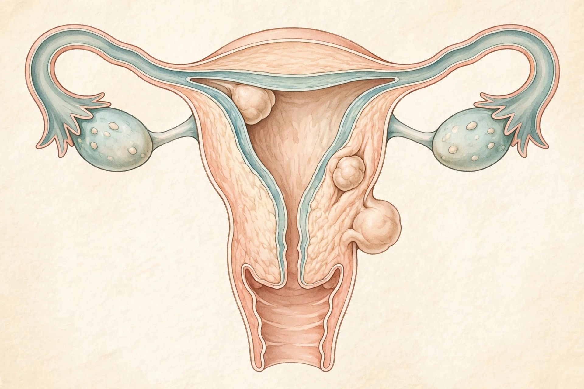 Medical illustration of the uterus showing submucosal, intramural, and subserosal fibroid locations