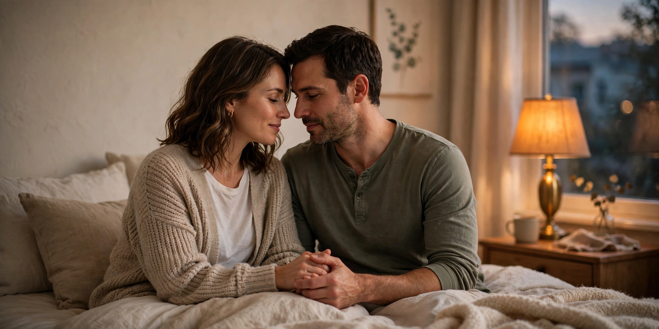 Couple holding hands tenderly while sitting on a bed in warm lamplight