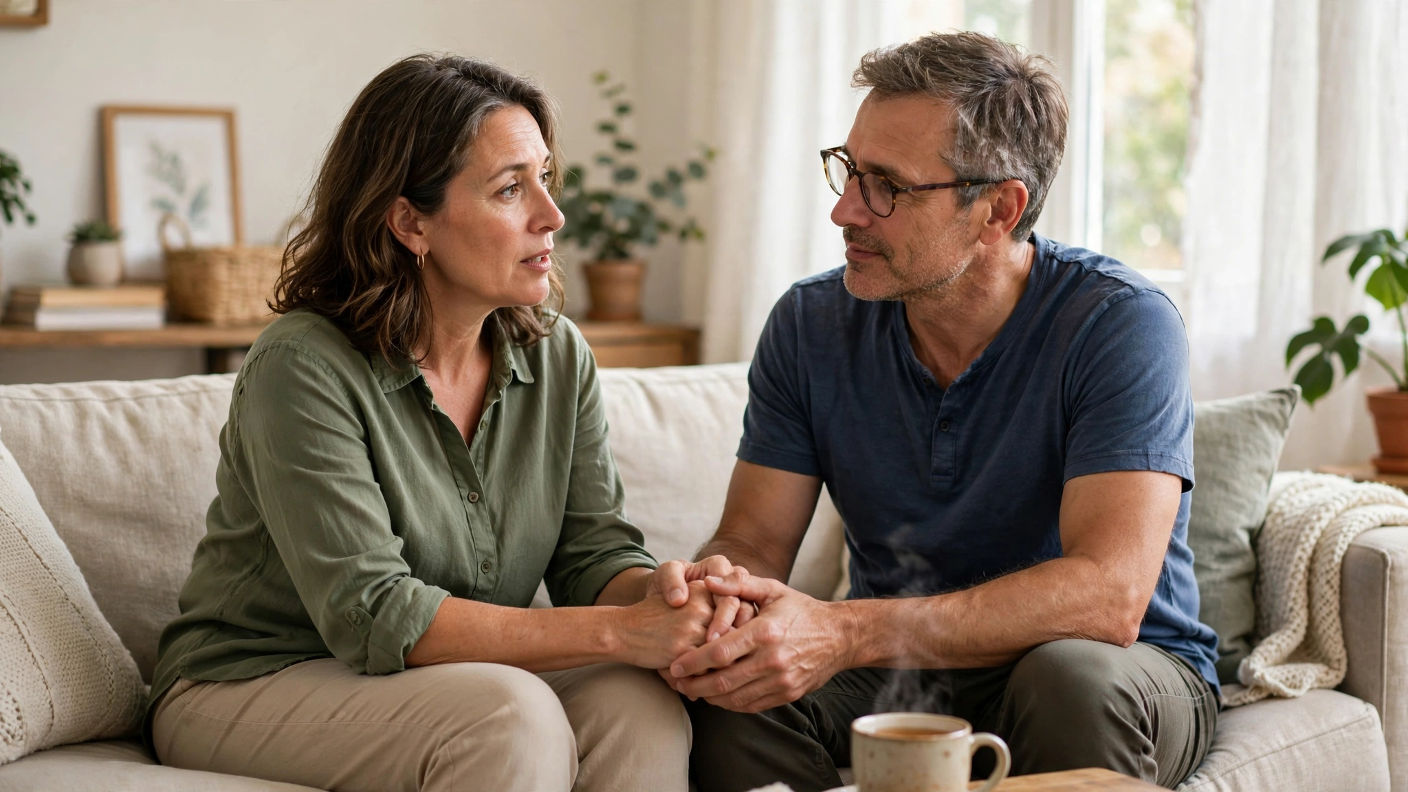 Couple having an honest supportive conversation while holding hands on a sofa — fibromyalgia and sex