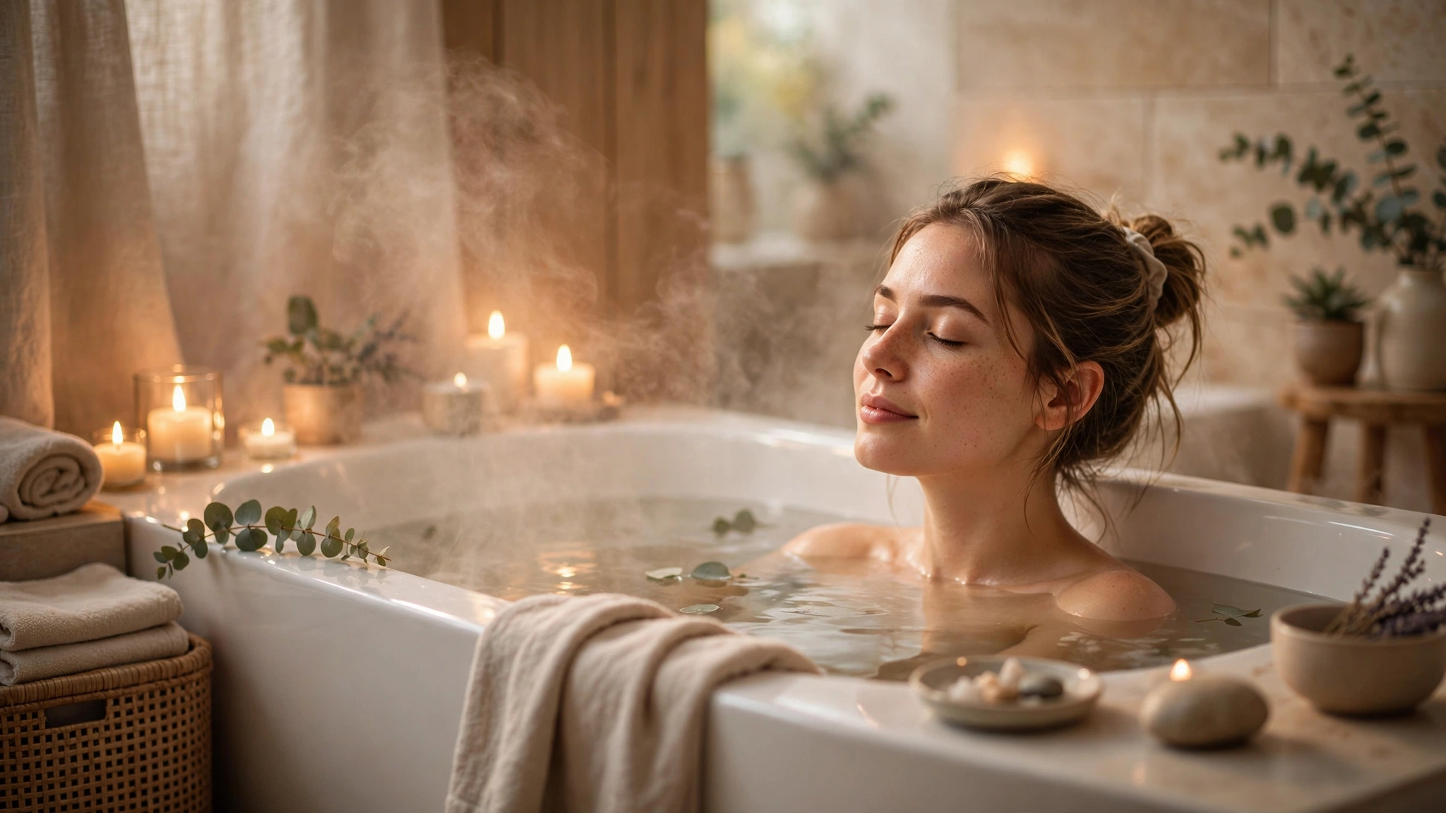 Woman relaxing in a warm steaming bath with candles for muscle pain relief