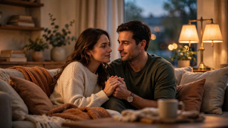 Couple holding hands on a couch in a warm living room, reconnecting despite financial stress