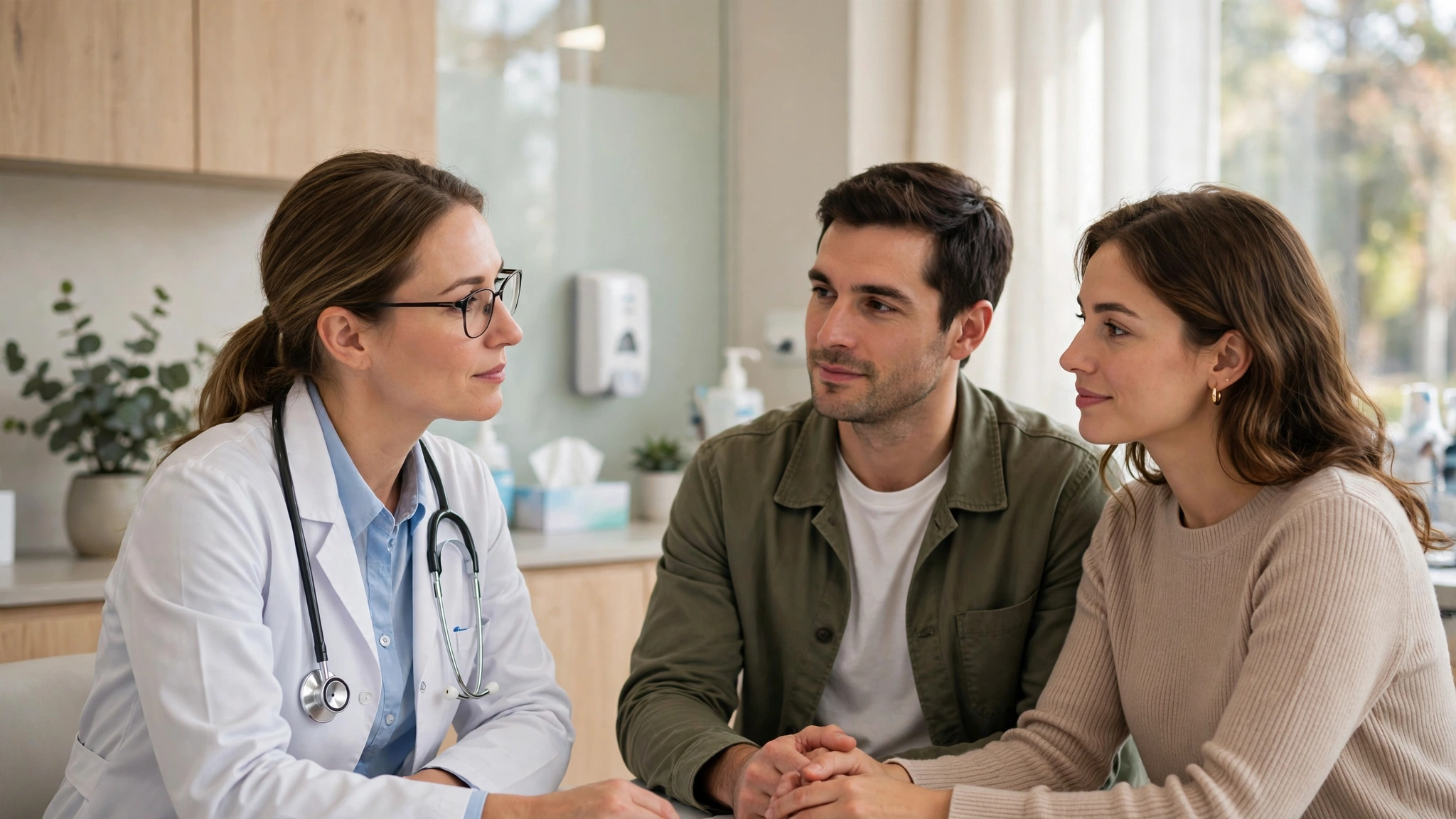Couple discussing financial stress marriage effects with their doctor