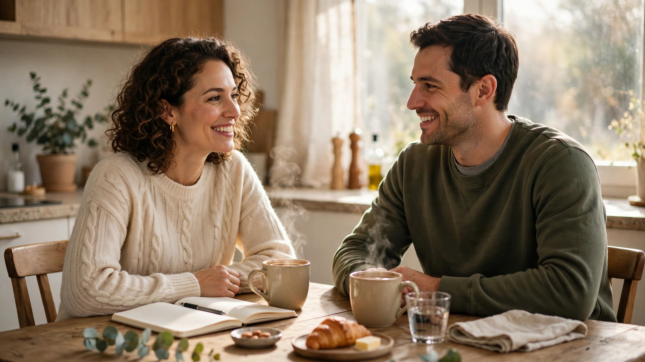 Couple having a calm money conversation over coffee at the kitchen table