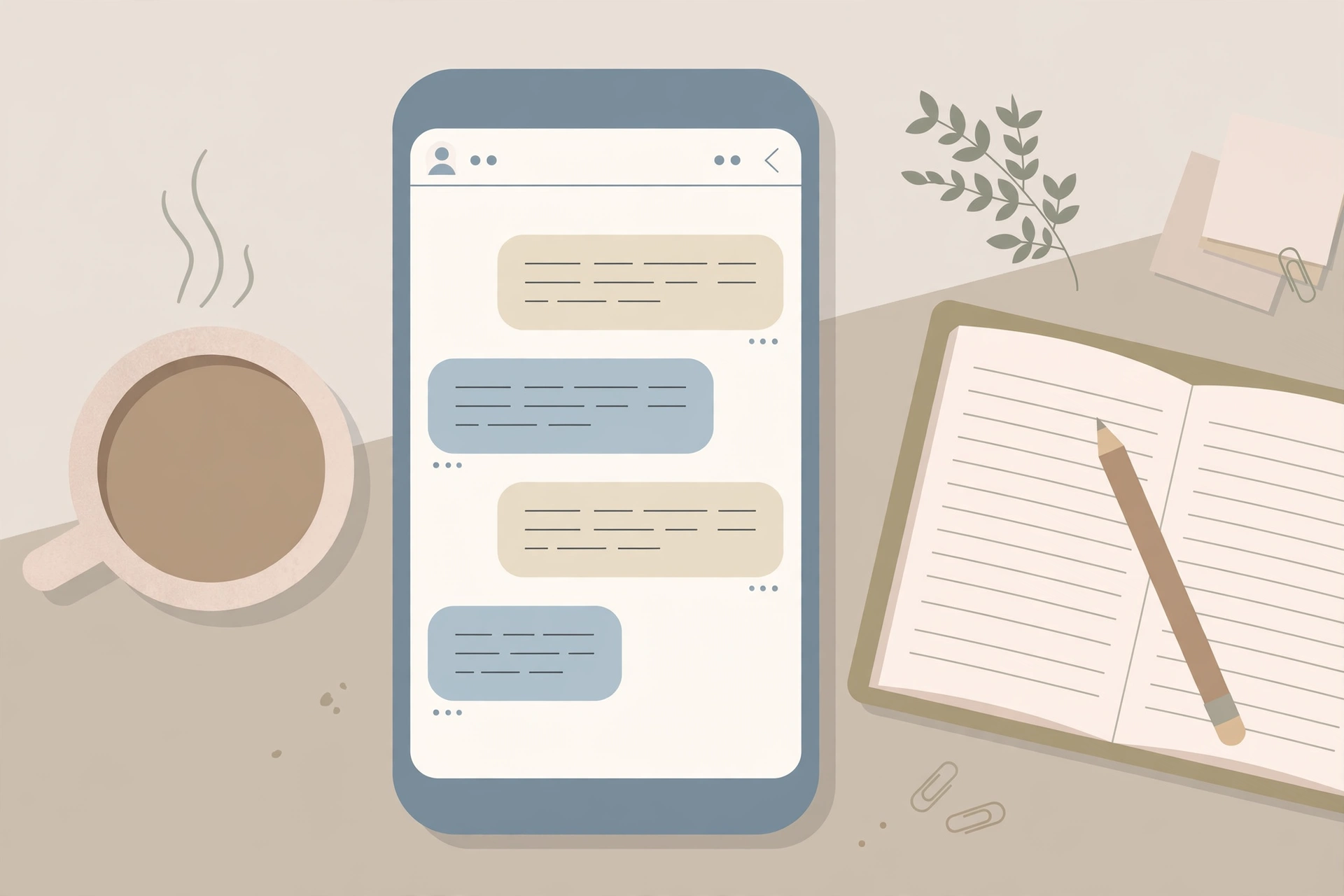 Flat illustration of a smartphone showing a calm co-parent message thread beside a coffee cup and notebook, representing business-like communication in co-parenting