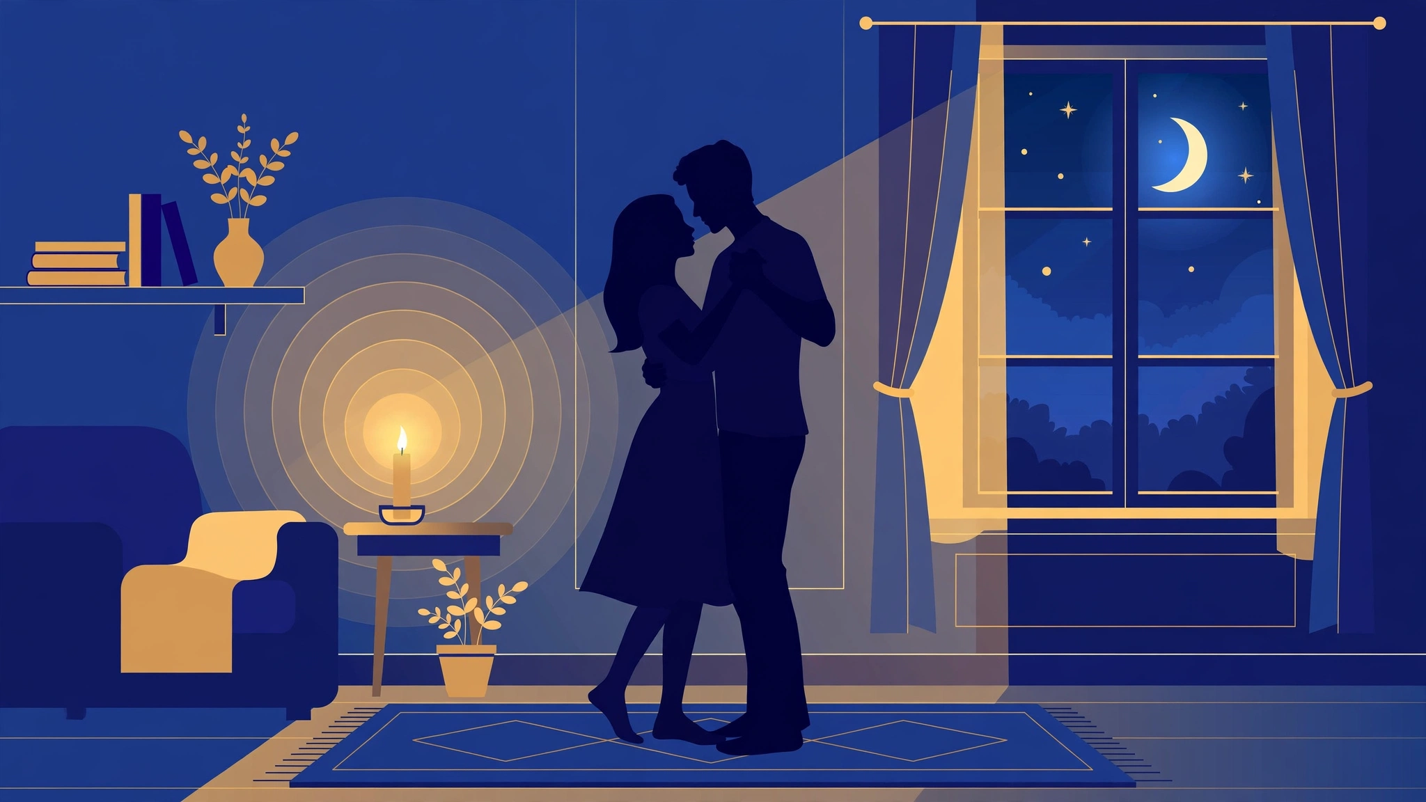 Couple slow-dancing in a softly lit room — romantic foreplay ideas for couples