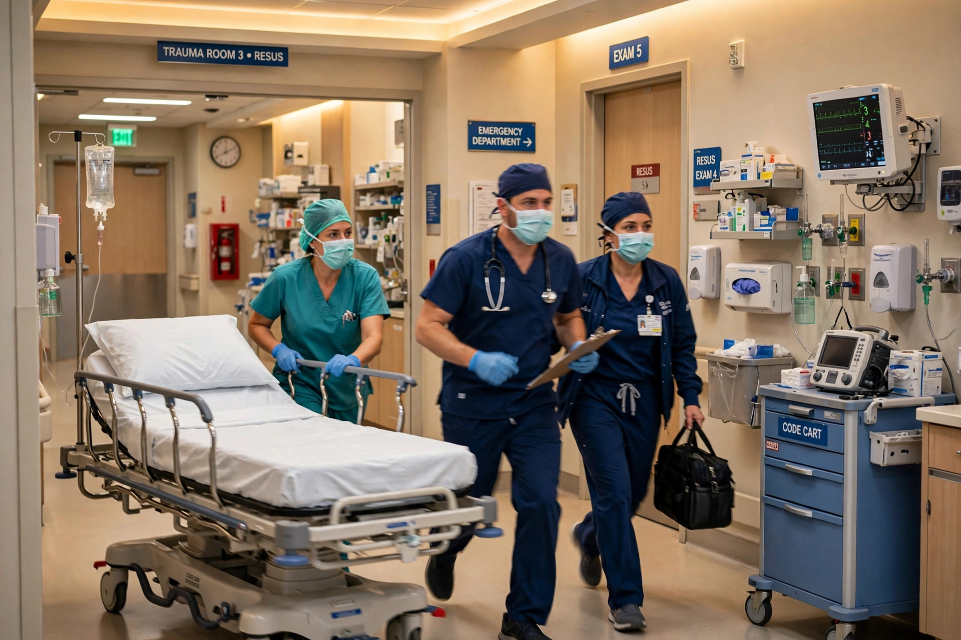 Hospital emergency department corridor with a medical team moving urgently, representing the emergency care response for Fournier gangrene symptoms