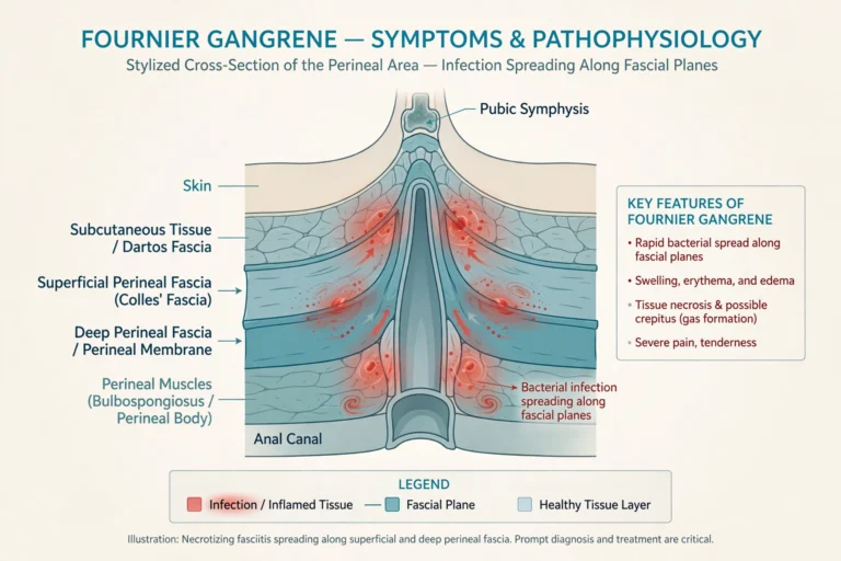 Clinical anatomical illustration showing how Fournier gangrene symptoms develop as infection spreads through the perineal skin, tissue, and fascia