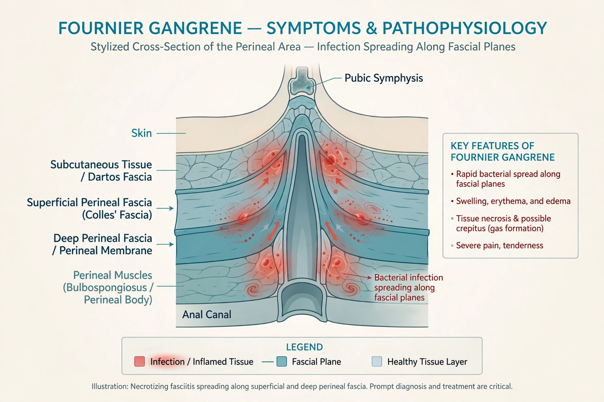 Clinical anatomical illustration showing how Fournier gangrene symptoms develop as infection spreads through the perineal skin, tissue, and fascia