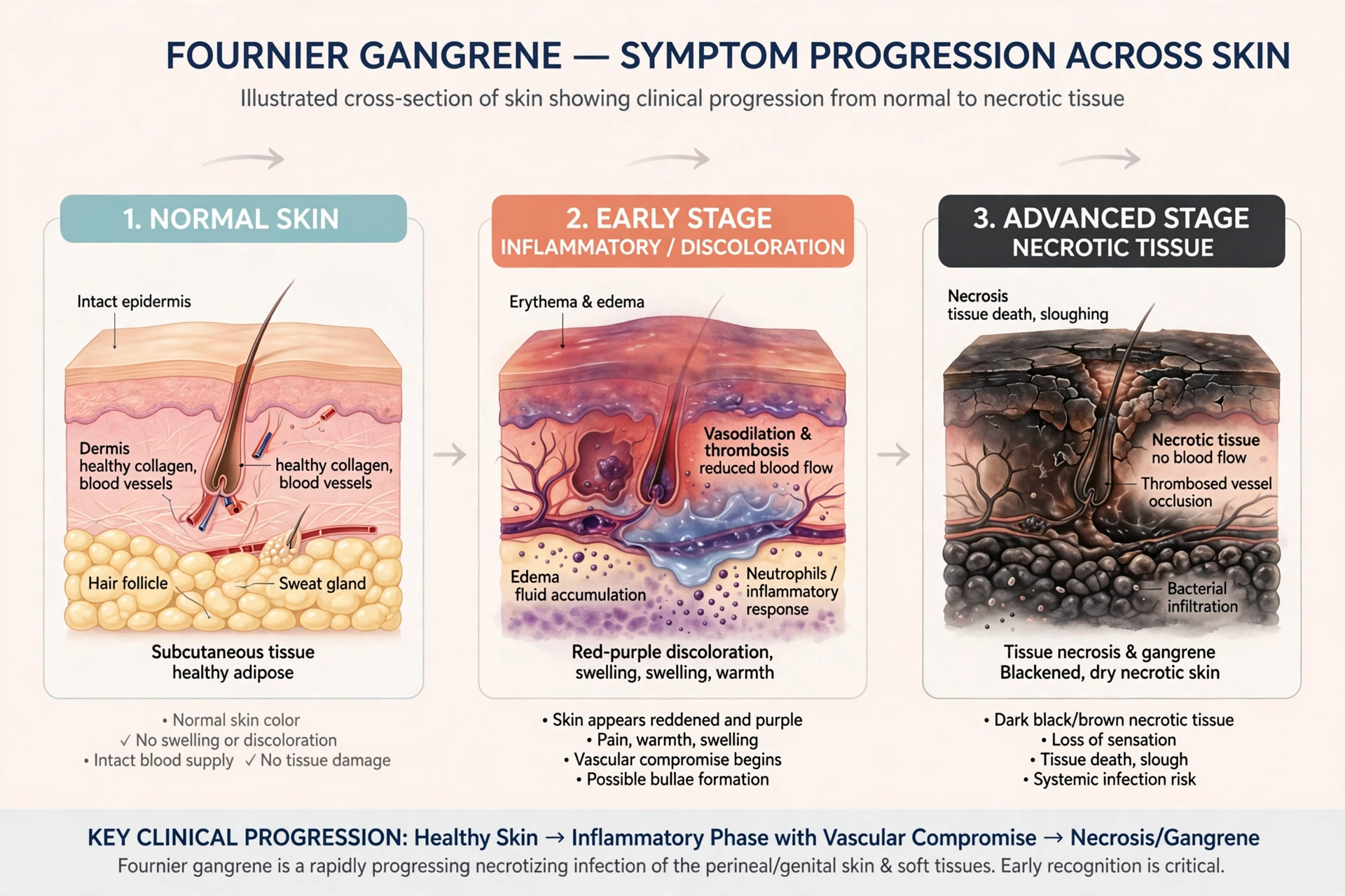 Medical illustration panels showing the progression of Fournier gangrene symptoms on skin from redness and purple discoloration to dark necrotic tissue