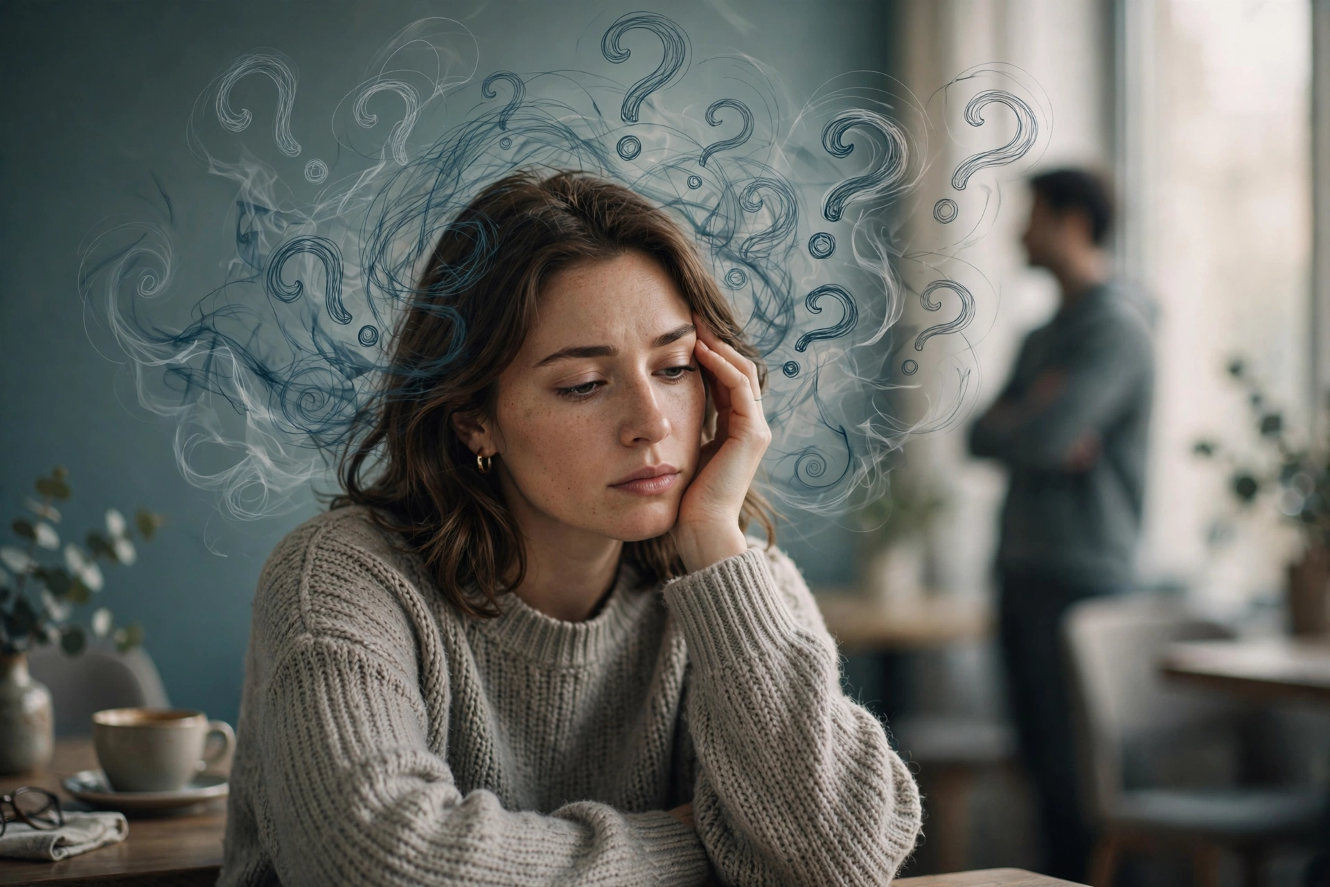 Thoughtful woman surrounded by swirling lines of doubt, illustrating gaslighting examples relationships experts describe