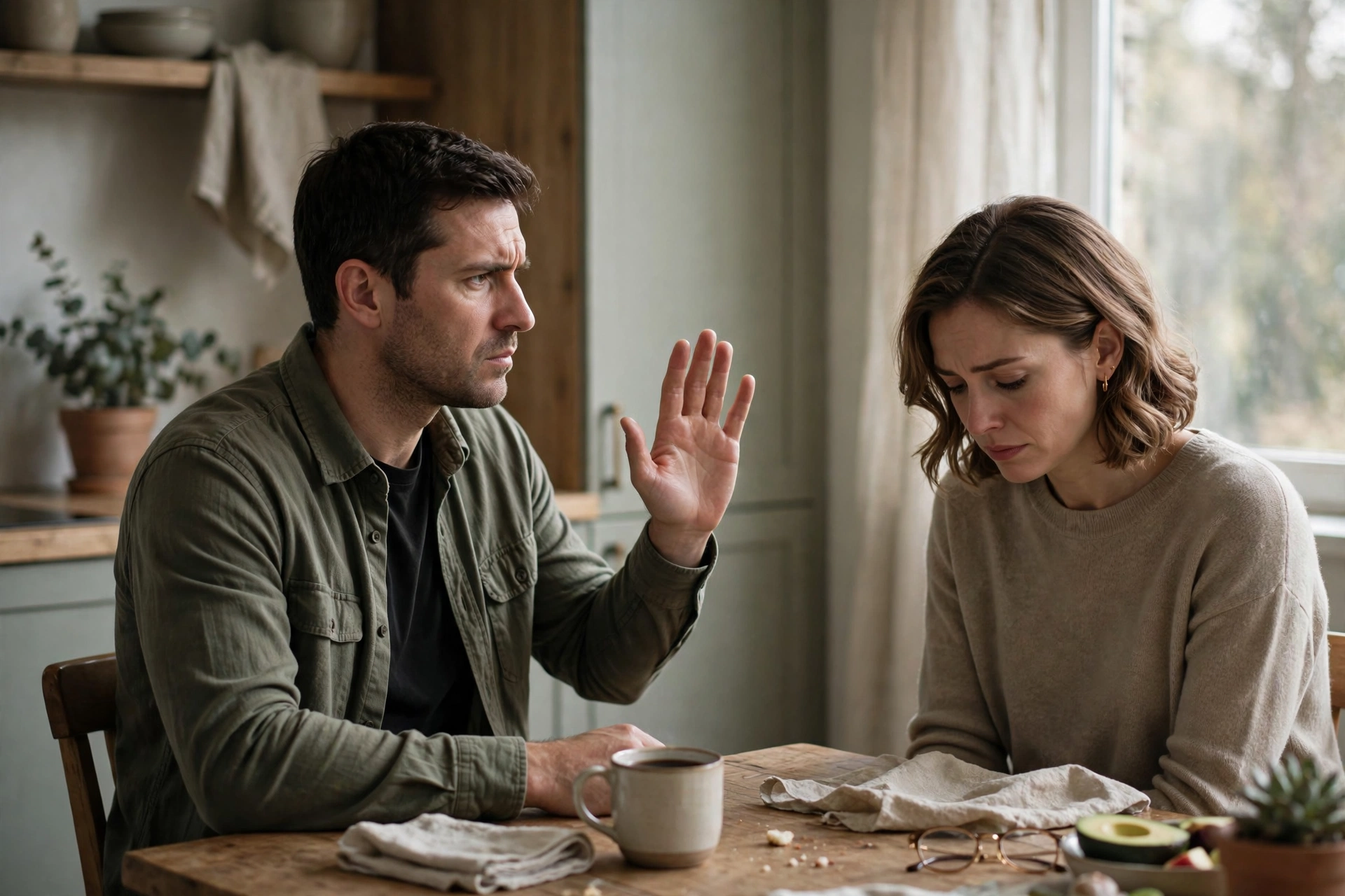 Couple in a tense kitchen-table conversation, one of the gaslighting examples relationships therapists describe as emotionally distant