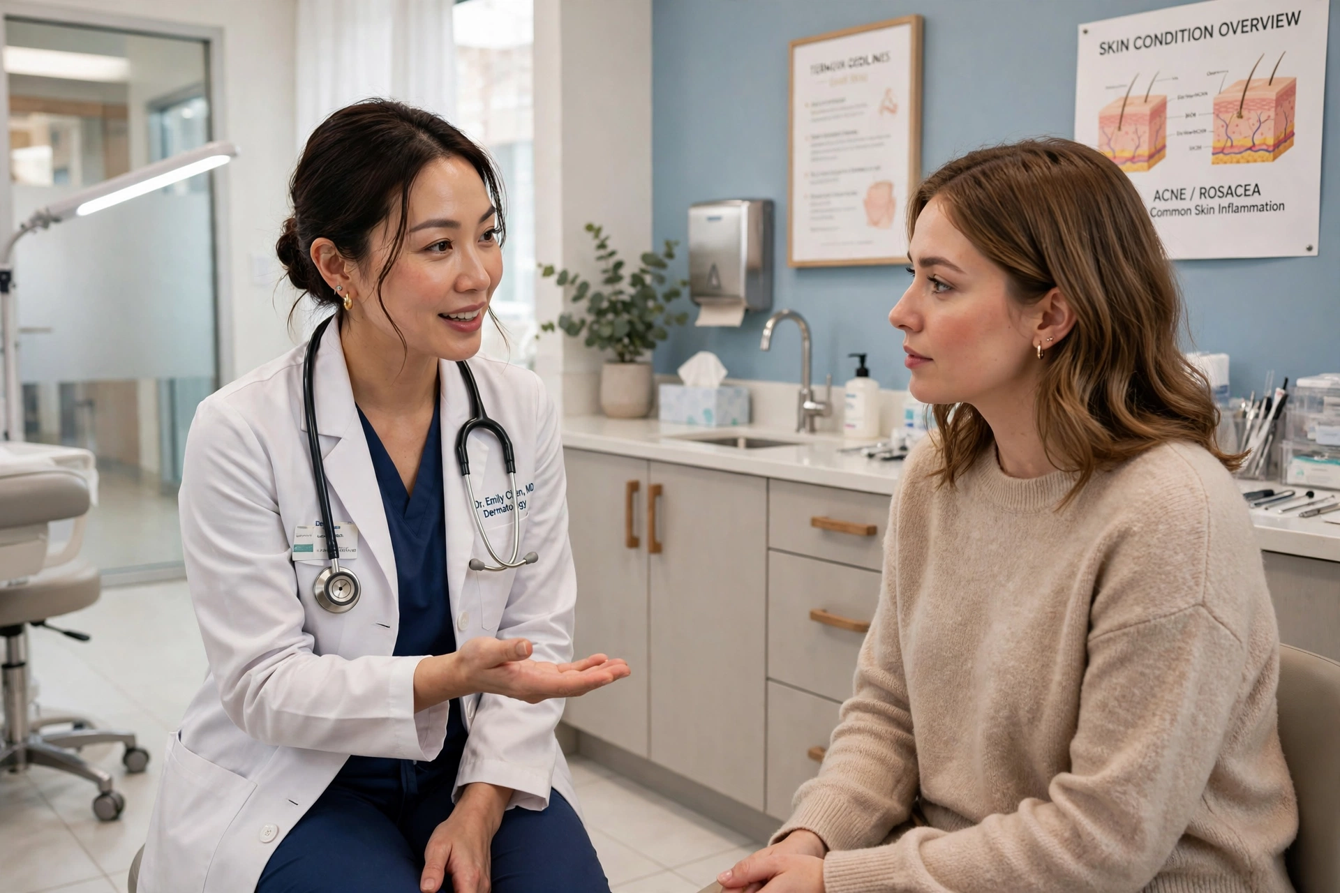 Dermatologist consulting with a patient in a clinic about diagnosing genital lichen planus