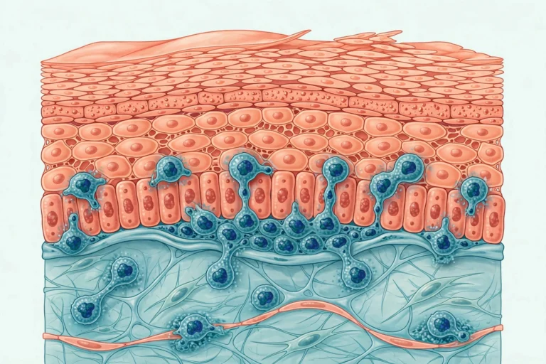 Medical illustration of immune T cells interacting with skin tissue, representing the autoimmune process behind genital lichen planus