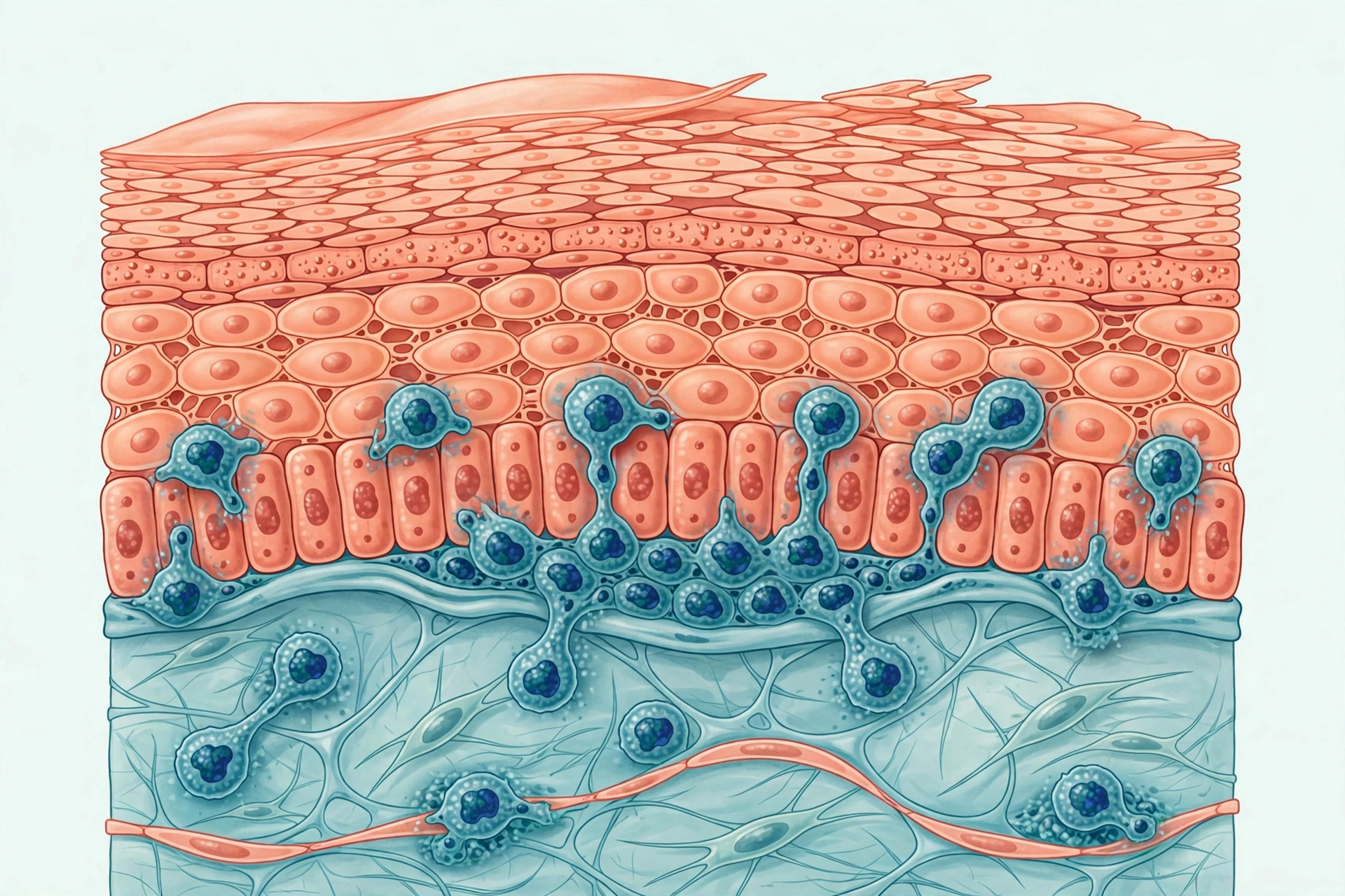 Medical illustration of immune T cells interacting with skin tissue, representing the autoimmune process behind genital lichen planus