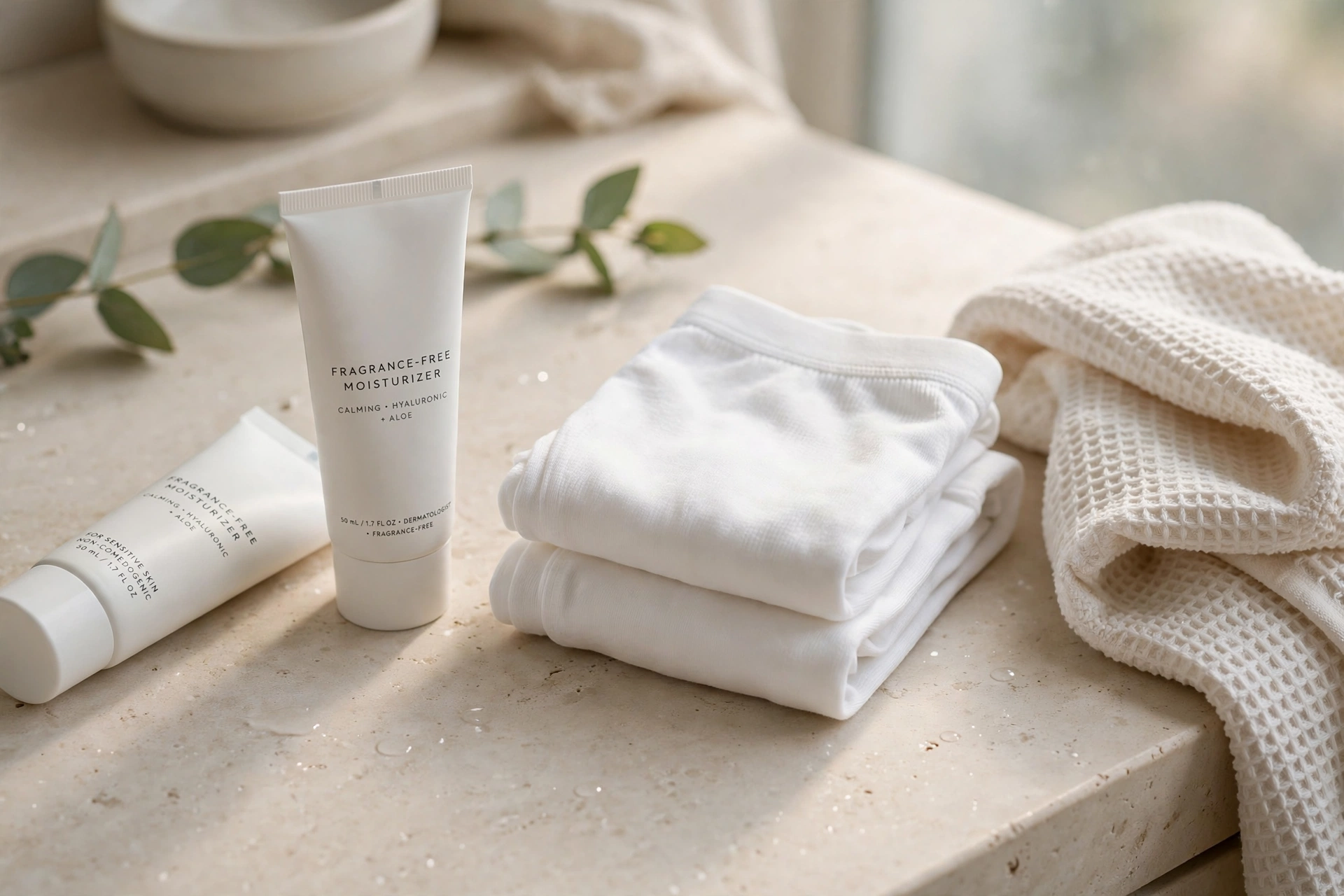 Fragrance-free moisturizers and folded cotton underwear arranged for gentle genital self-care