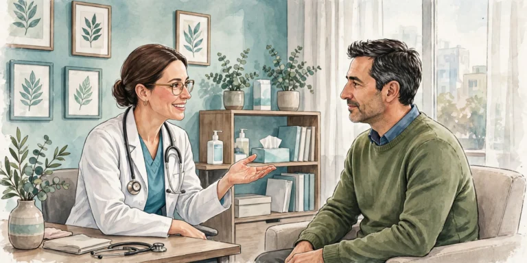Doctor explaining genital warts treatment options to a patient in a clinic