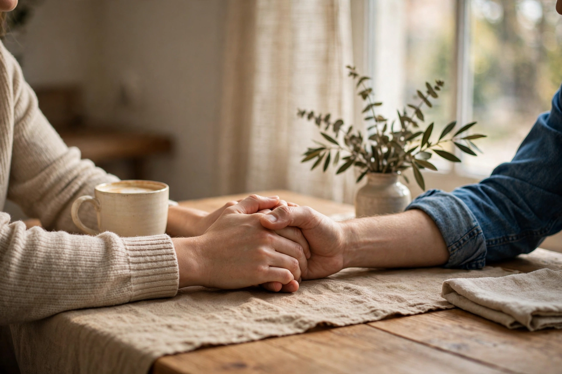 Couple holding hands in support during a private conversation