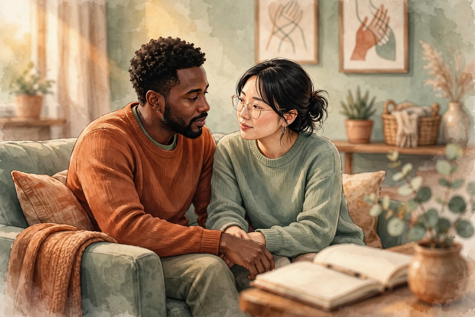 A couple in a warm couples therapy session leaning toward each other, representing the Gottman Method couples therapy approach to rebuilding connection
