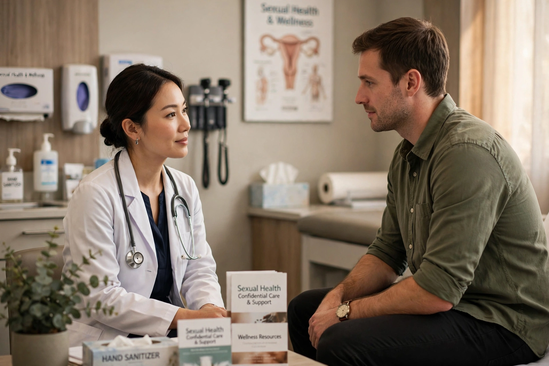 Doctor providing discreet sexual health counseling to a patient in a modern clinic examination room