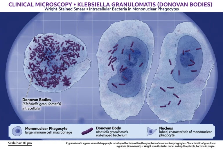 Microscopic clinical illustration of Donovan bodies inside immune cells, the hallmark finding linked to granuloma inguinale symptoms