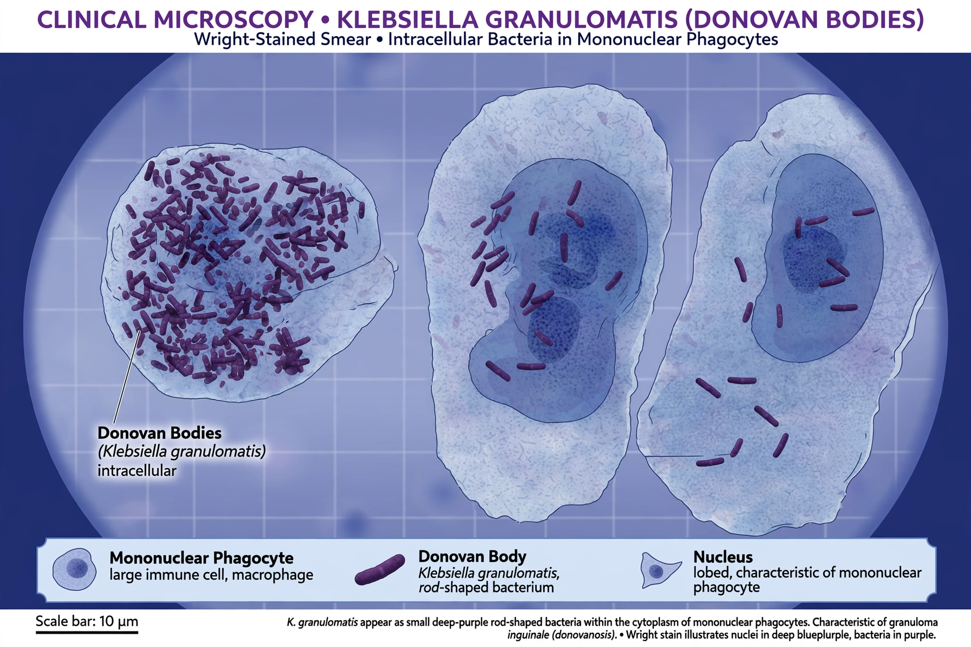 Microscopic clinical illustration of Donovan bodies inside immune cells, the hallmark finding linked to granuloma inguinale symptoms