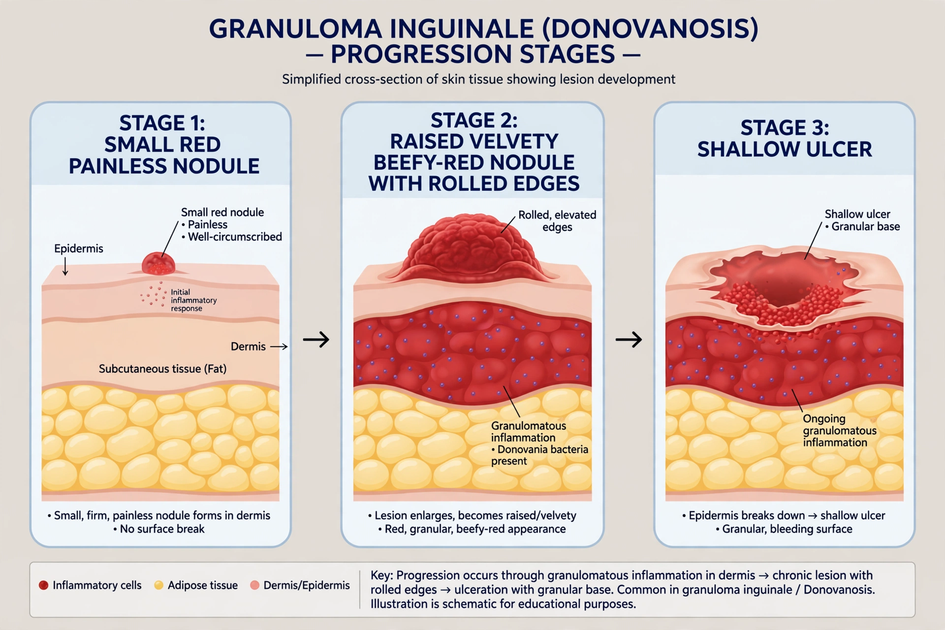 Medical diagram illustrating the stages of granuloma inguinale, from a painless nodule to a shallow ulcer with rolled edges