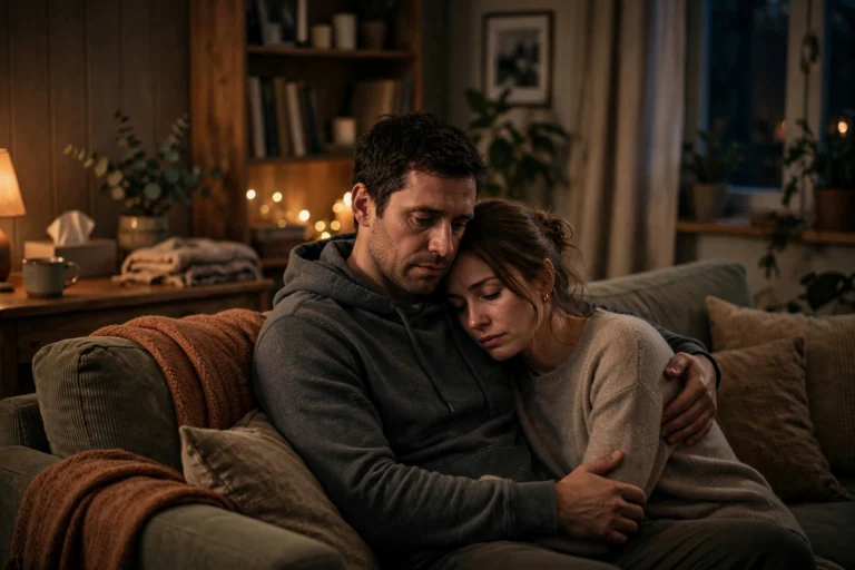 Couple sitting close together in quiet support during grief
