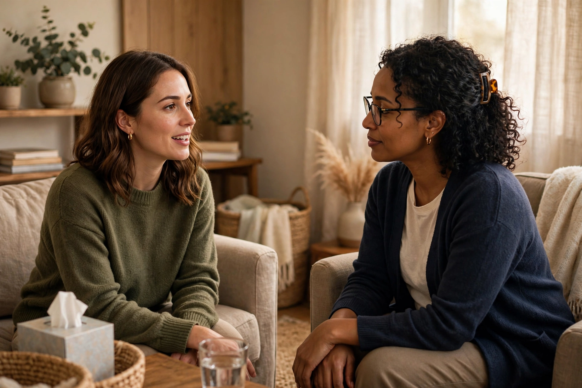 Woman in calm conversation with therapist about grief and sex