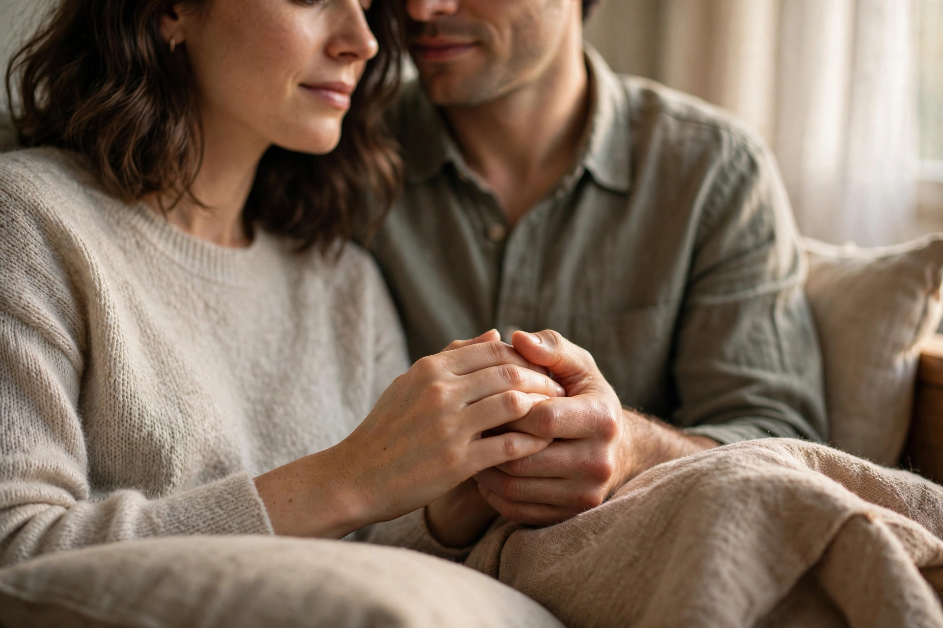 Couple holding hands gently on a couch