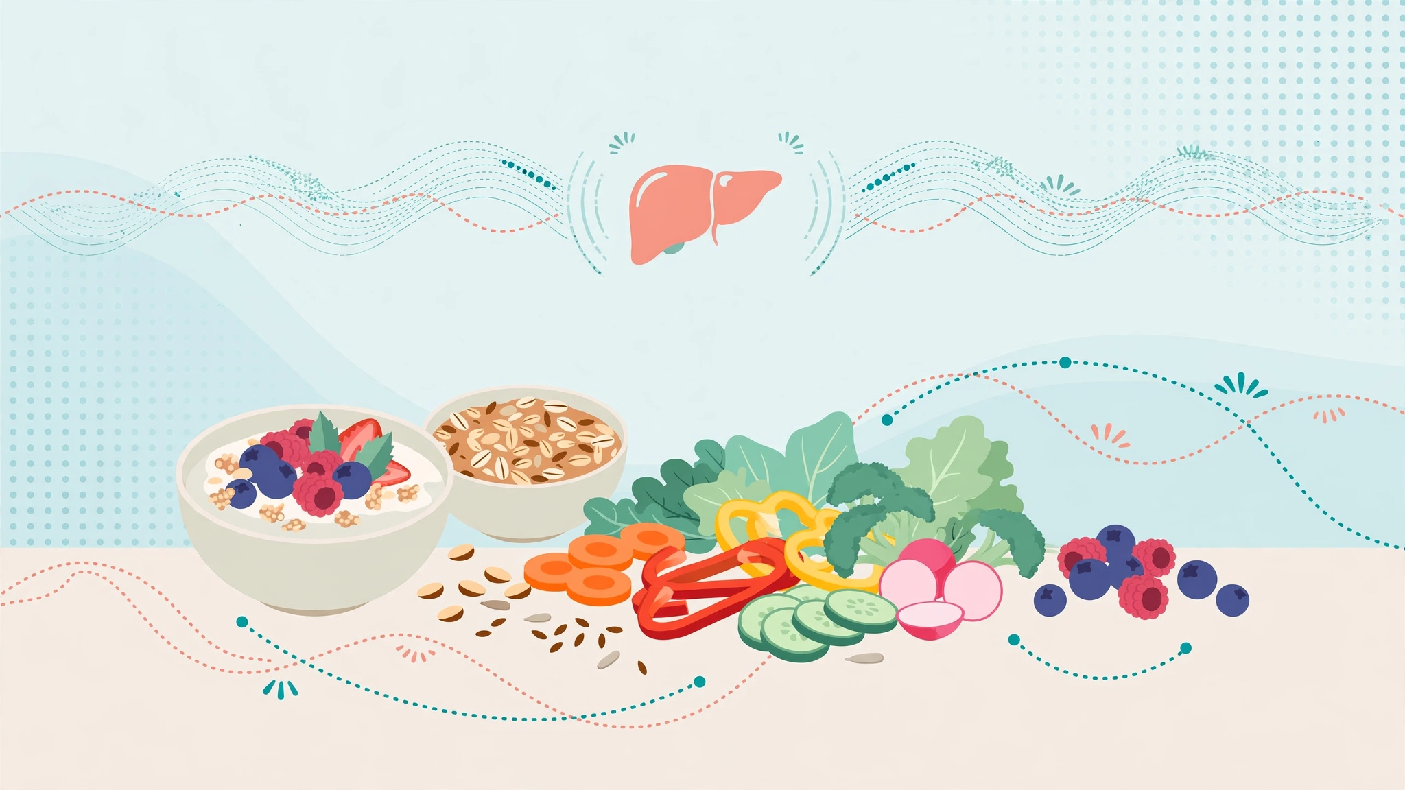 Flat illustration of fiber-rich foods that support gut health and hormones balance