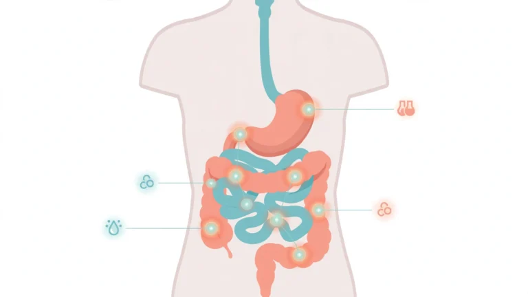 Medical illustration showing how gut health and hormones interact through the gut-hormone axis