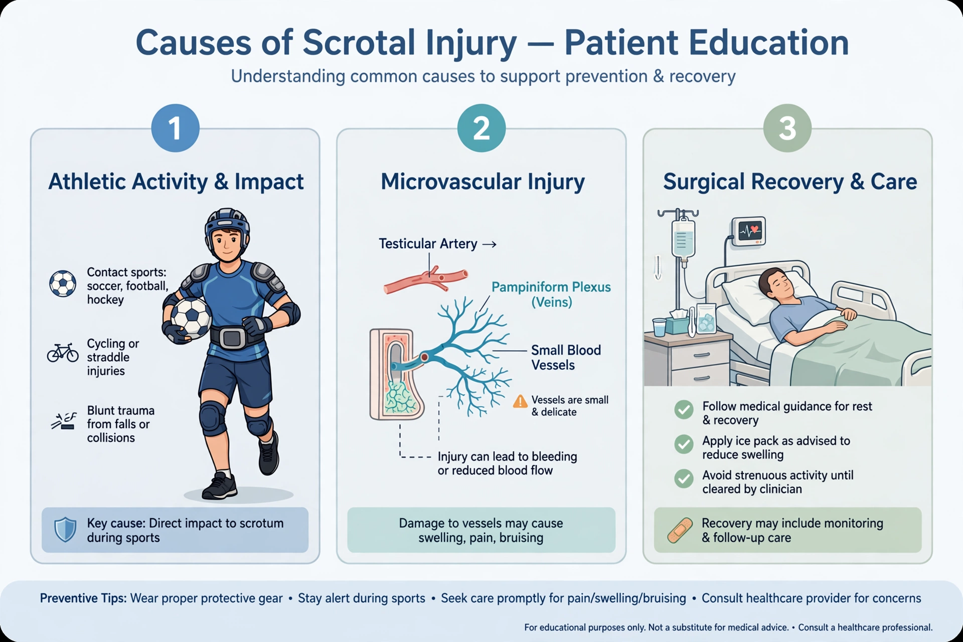 Three-panel patient education infographic showing common causes of scrotal injury leading to a hematocele: an athlete in protective gear illustrating sports impact, a diagram of the testicular artery and pampiniform plexus vessels, and post-surgical recovery guidance in a hospital bed, from a patient guide to hematocele causes treatment.