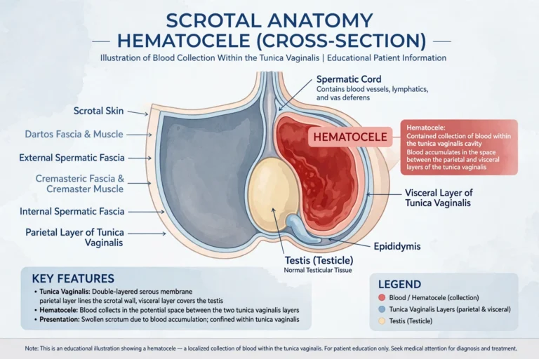 Labeled cross-section illustration of scrotal anatomy showing a hematocele — blood collected within the tunica vaginalis around the testicle — from a guide to hematocele causes and treatment.