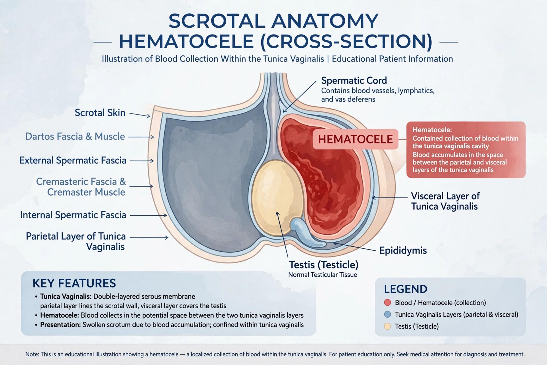 Labeled cross-section illustration of scrotal anatomy showing a hematocele — blood collected within the tunica vaginalis around the testicle — from a guide to hematocele causes and treatment.