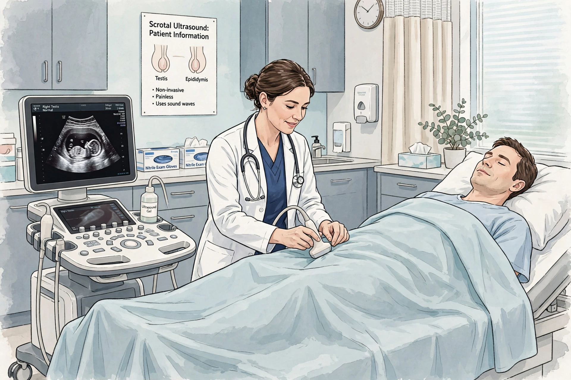 Illustration of a clinician performing a scrotal ultrasound examination on a fully draped patient in a clinic, with an ultrasound monitor displaying the scan image beside the exam table.