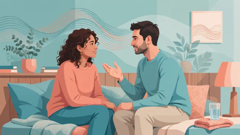 Hemorrhoids and sex guide: illustration of a couple discussing intimacy during a flare