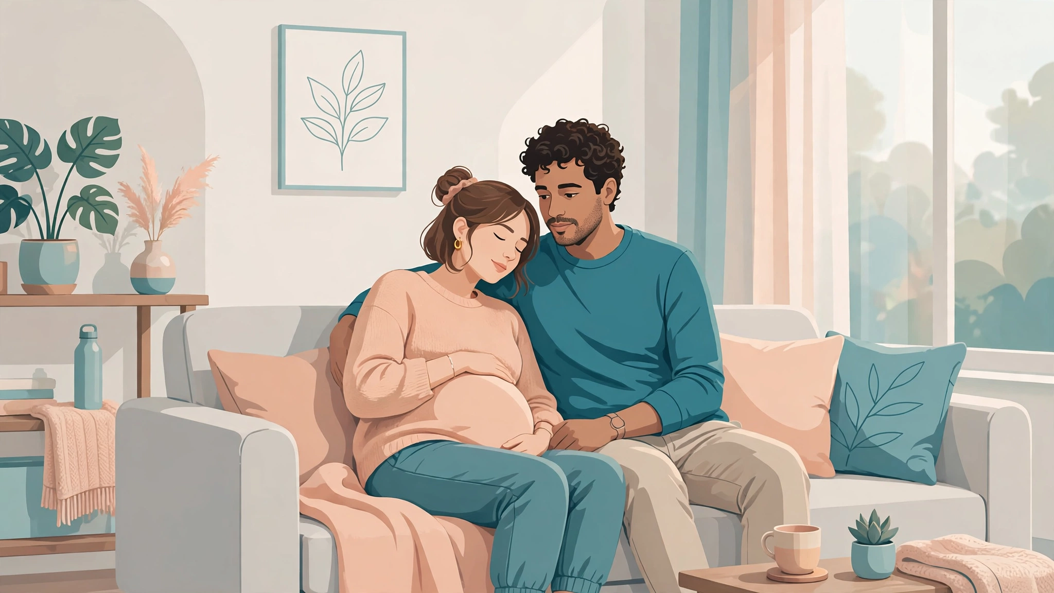 Expectant couple relaxing on a sofa, representing pregnancy and intimacy with hemorrhoids