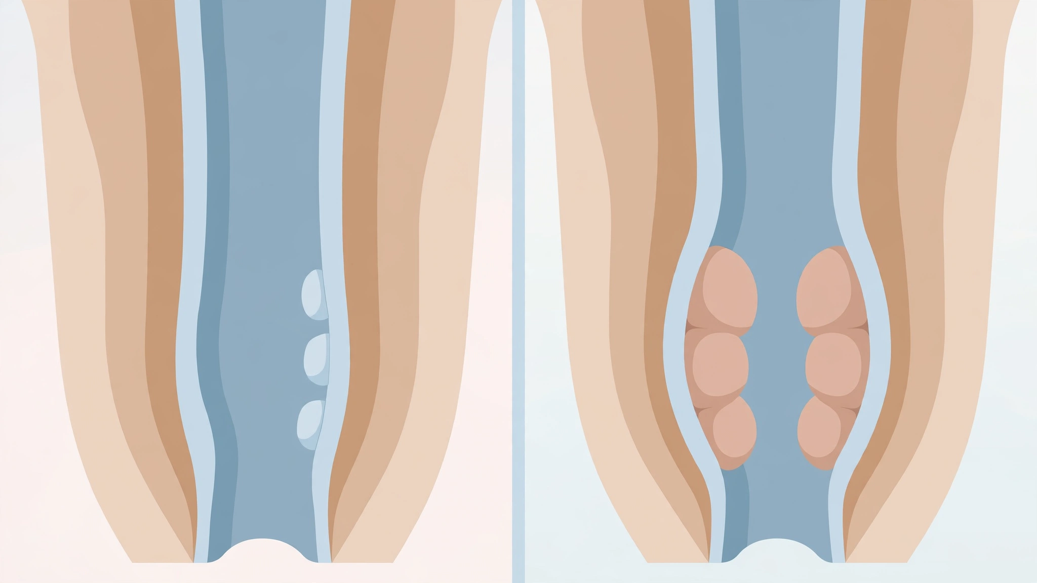 Flat vector medical diagram of normal and swollen hemorrhoidal veins in the rectal area