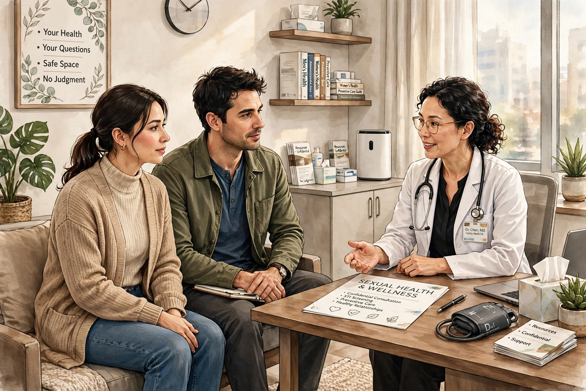 A couple consulting a physician in a doctor's office about hepatitis B testing and sexual health
