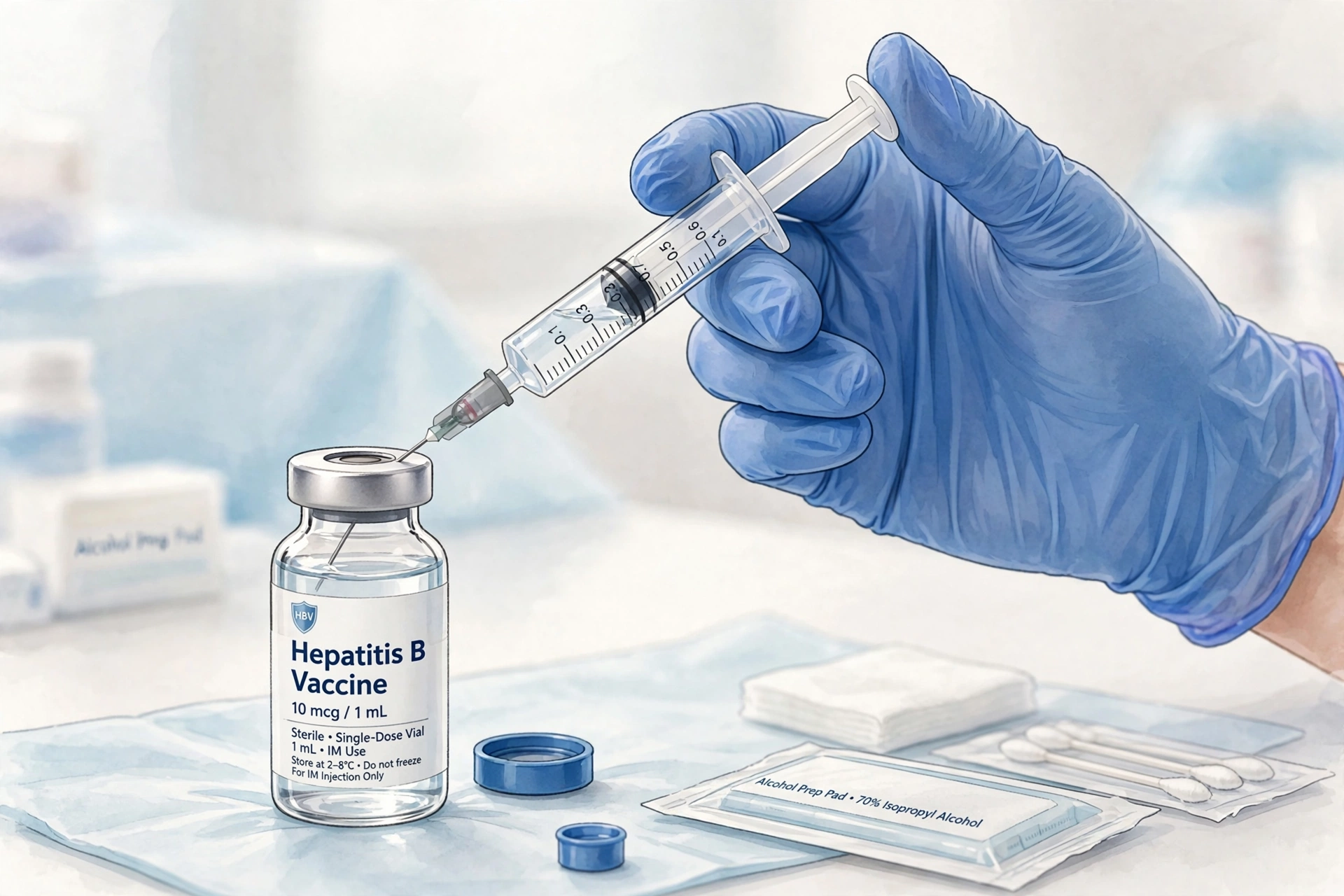 A hepatitis B vaccine vial with a healthcare worker preparing a syringe for vaccination