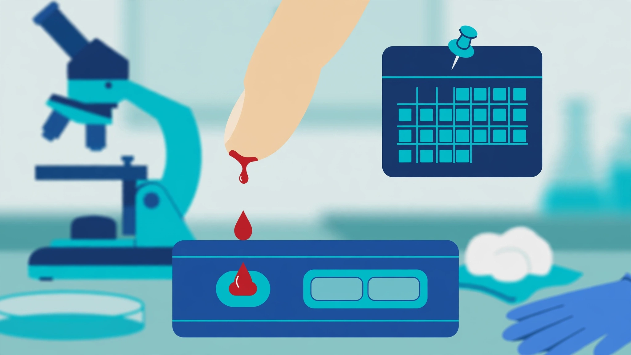 Medical illustration of a finger-prick rapid HIV test cassette and blood sample