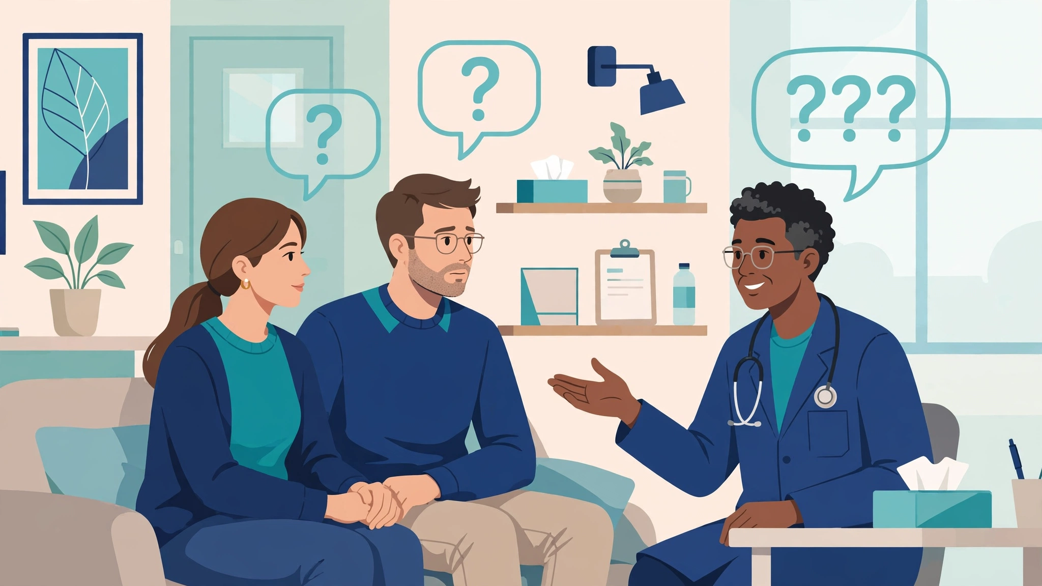 Illustration of a couple discussing HIV testing with a doctor in a consultation room