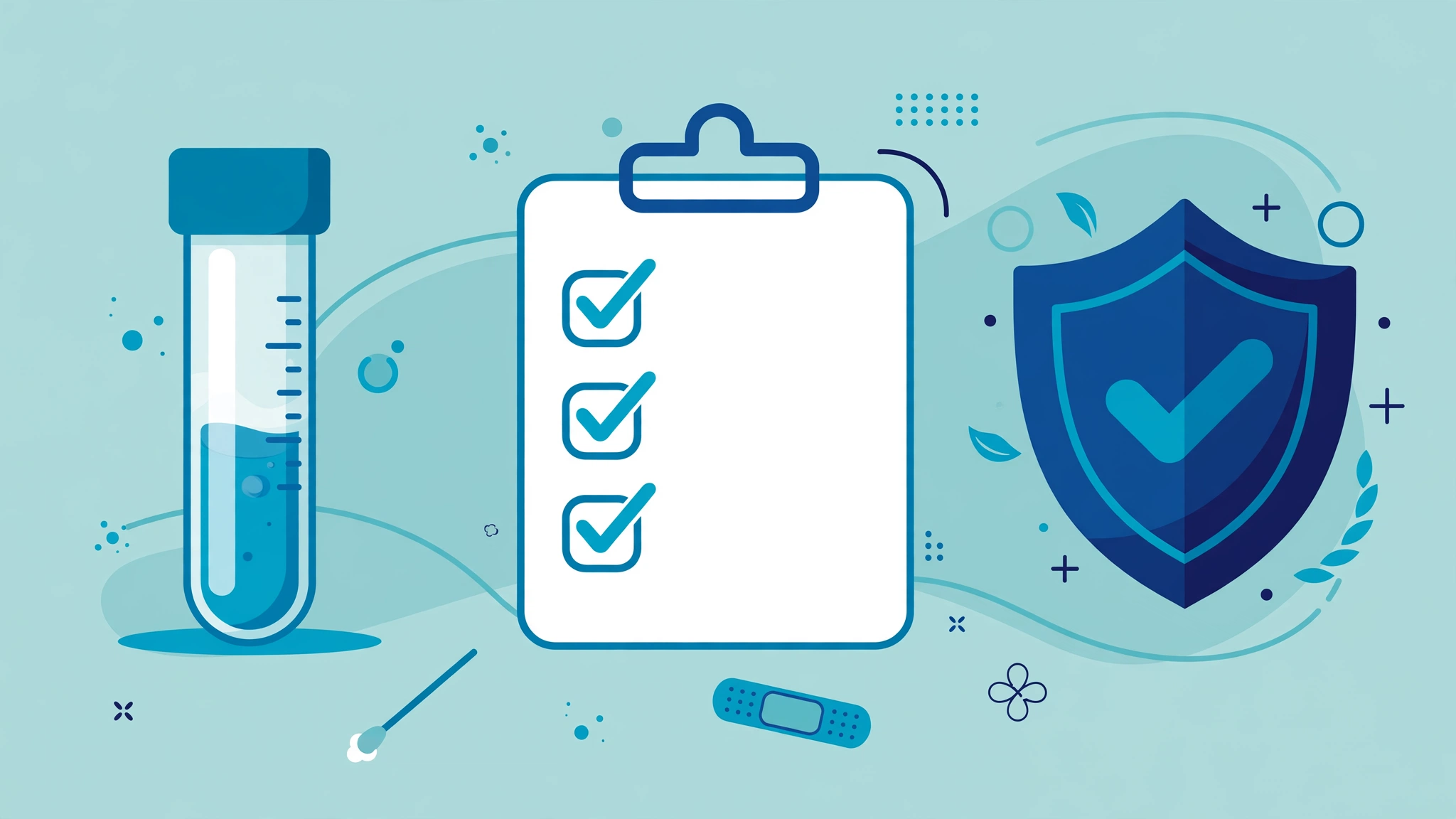 Clinical illustration summarizing this HIV testing guide: test vials, checklist, and health shield