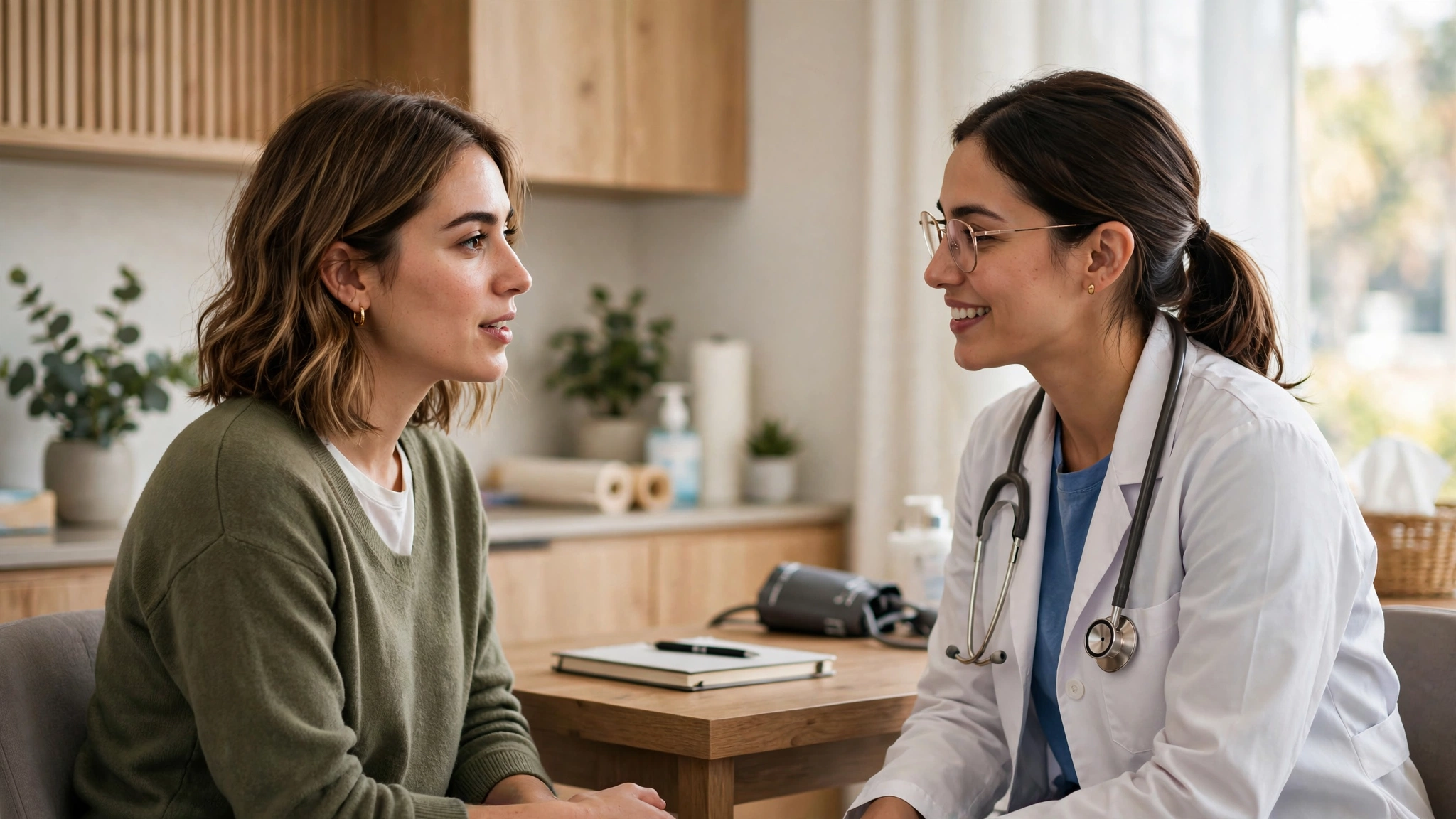 Woman discussing hormonal birth control and mood with her doctor in a clinic