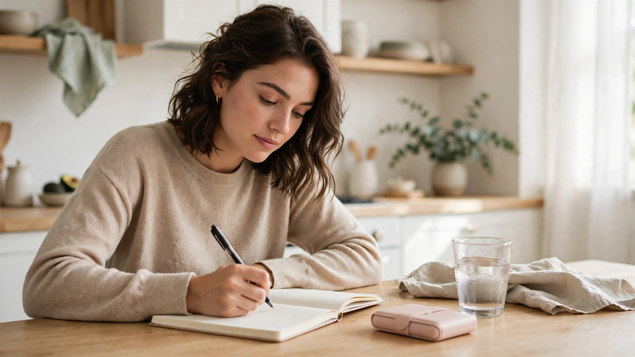 Woman tracking birth control mood changes in a wellness journal beside her birth control pill pack